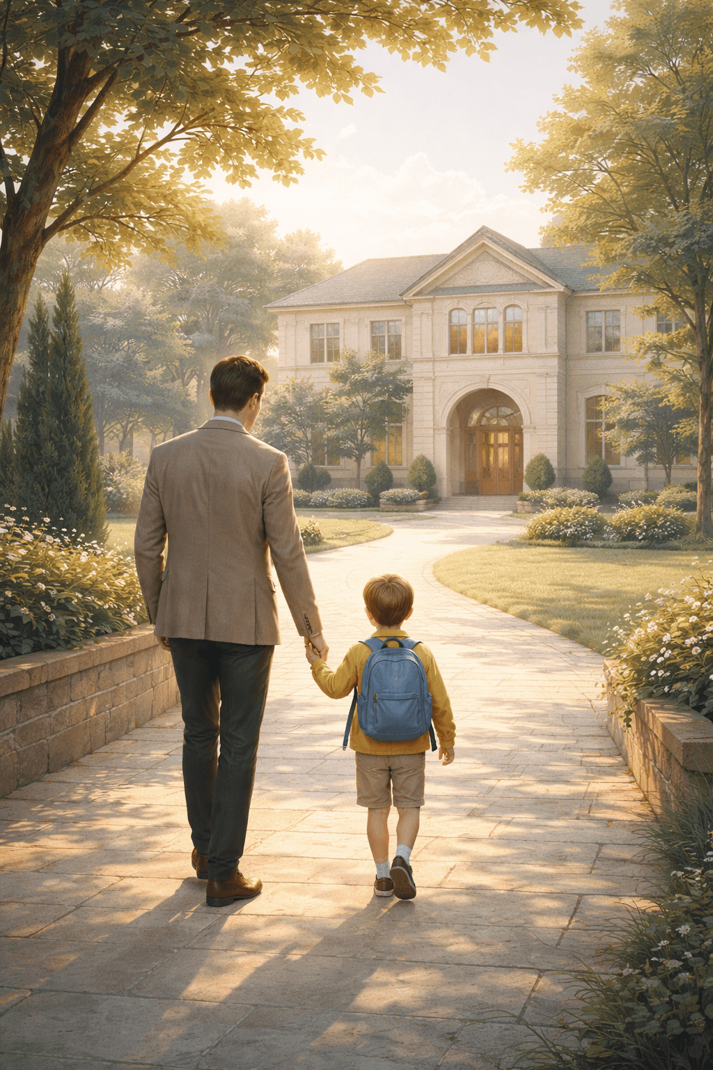 Parent et enfant devant une école
